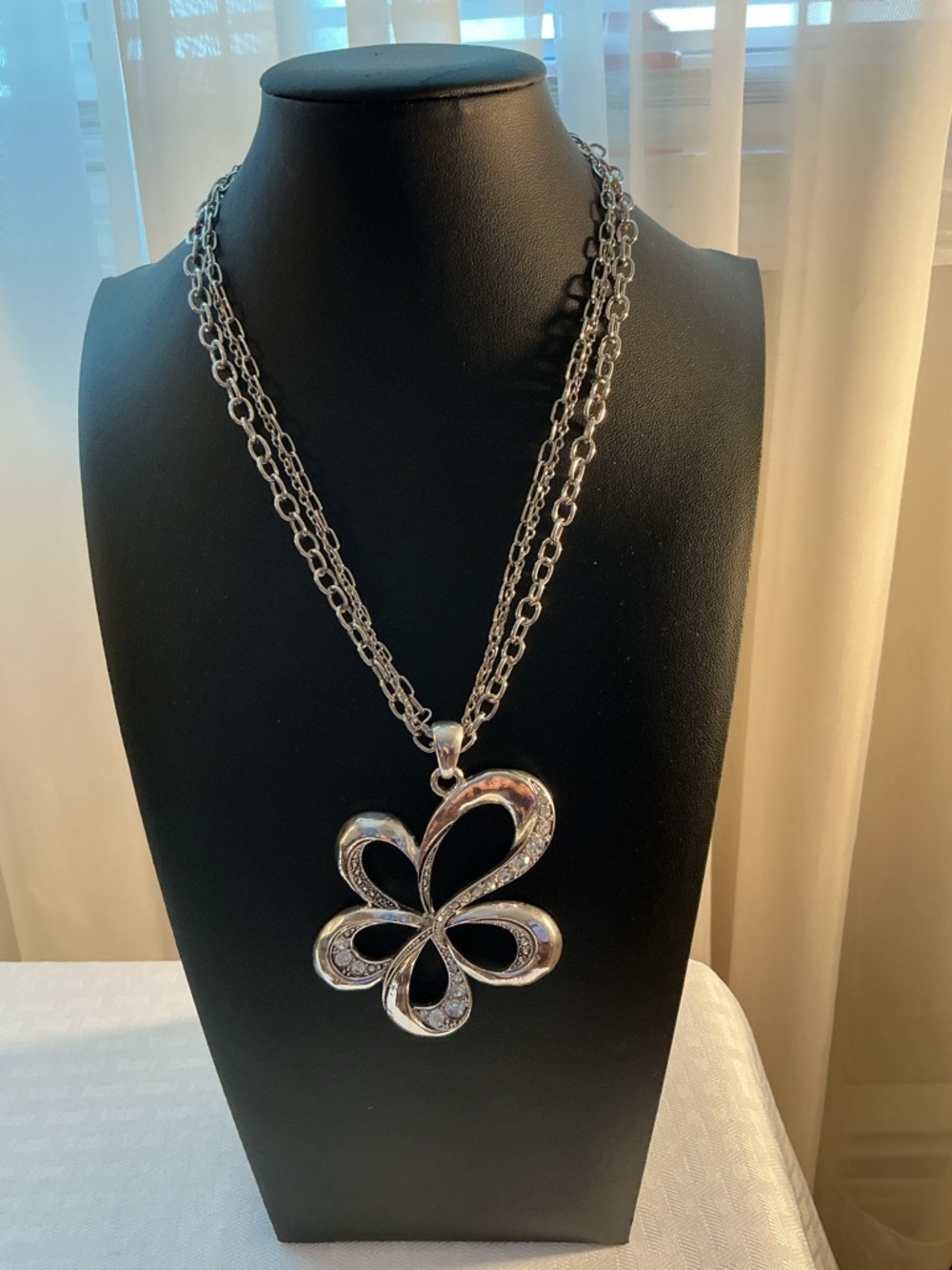 Flower Multi Strand Silver Tone Pendant Necklace
